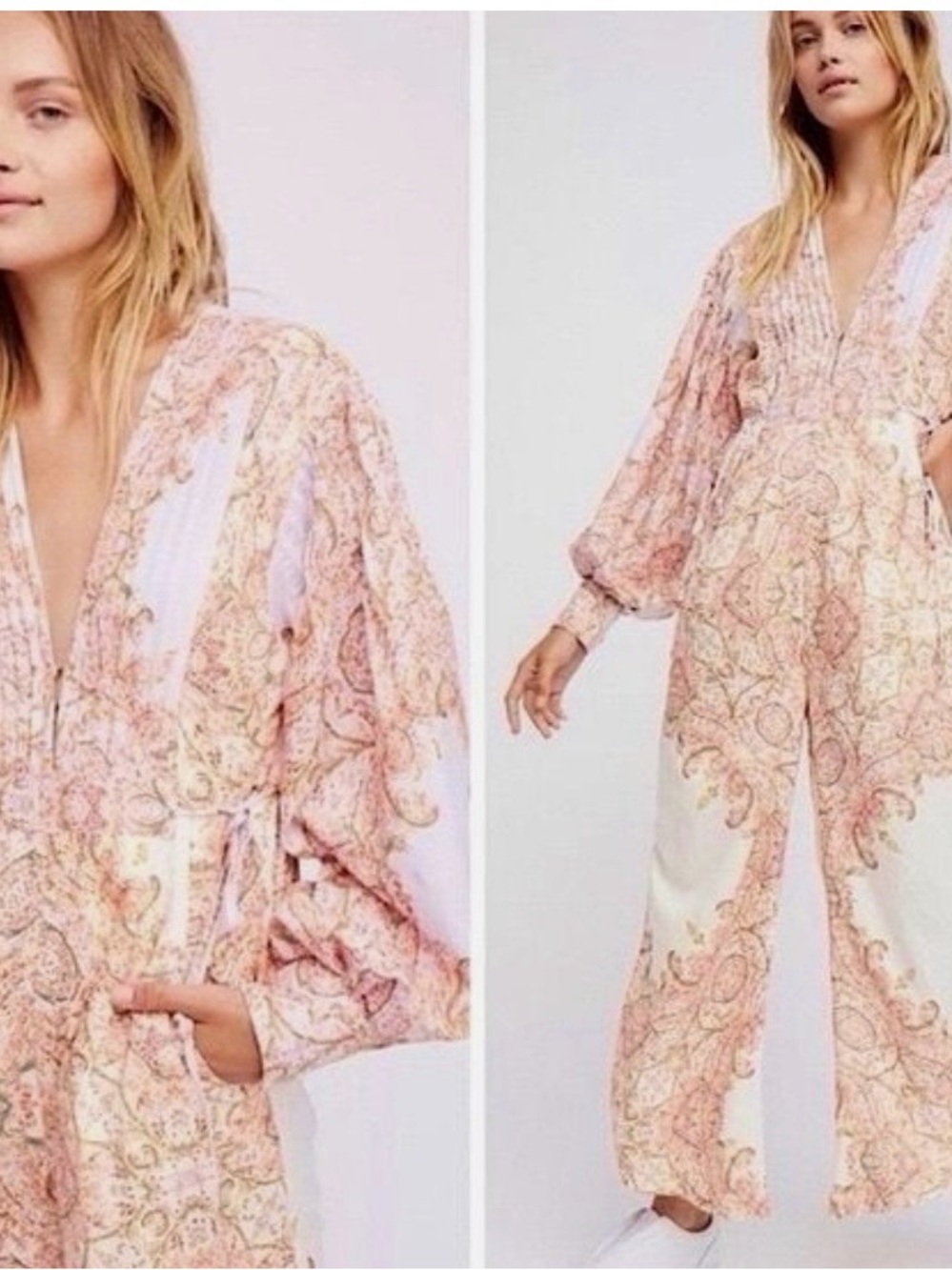 Free People Pink Paisley V‑Neck Jumpsuit